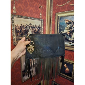 black artificial leather clutch bag with fringe