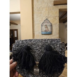 small boho tweed grey/black clutch bag