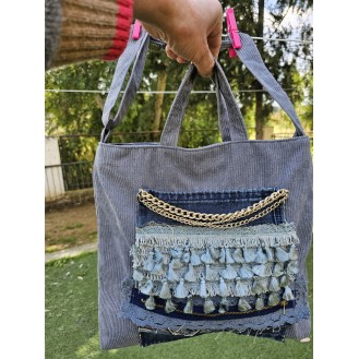 boho corduroy embellished ''denim '' blue handbag 