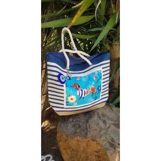 boho nautical striped beach bag with dog print 