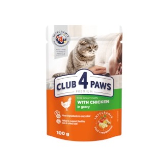 CLUB 4 PAWS Premium With chicken in gravy. Complete canned pet food for adult cats, 100gr