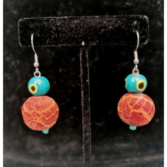  Red Coral & Turquoise Eye Glass Earrings 