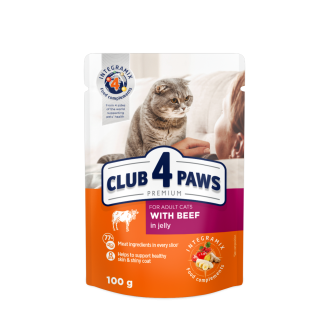 CLUB 4 PAWS Premium With beef in jelly. Сomplete canned pet food for adult cats, 100gr