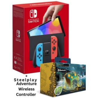 Nintendo Switch Console OLED - Red & Blue Joy Con + Steelplay Adventure  Wireless  Controller